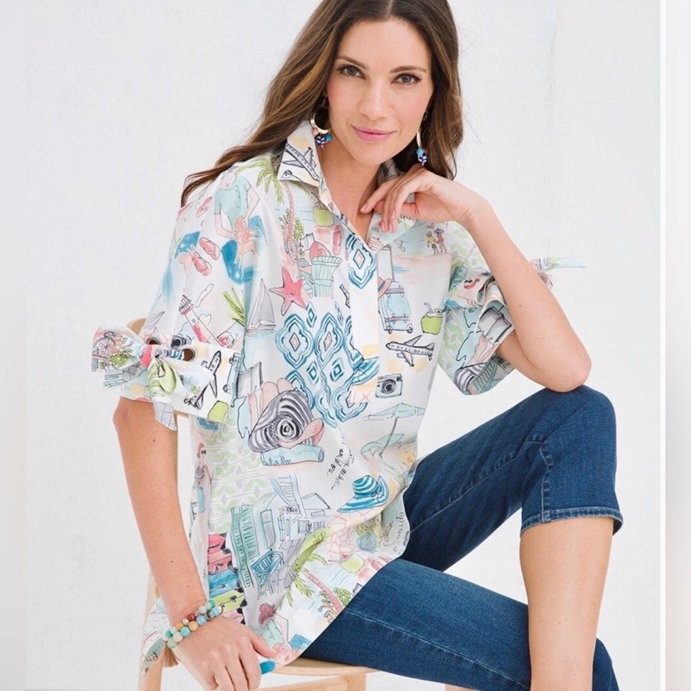 Chico's No Iron Bow and Grommet Tunic Top Sz 3 (US 16) Florida Vacation Print